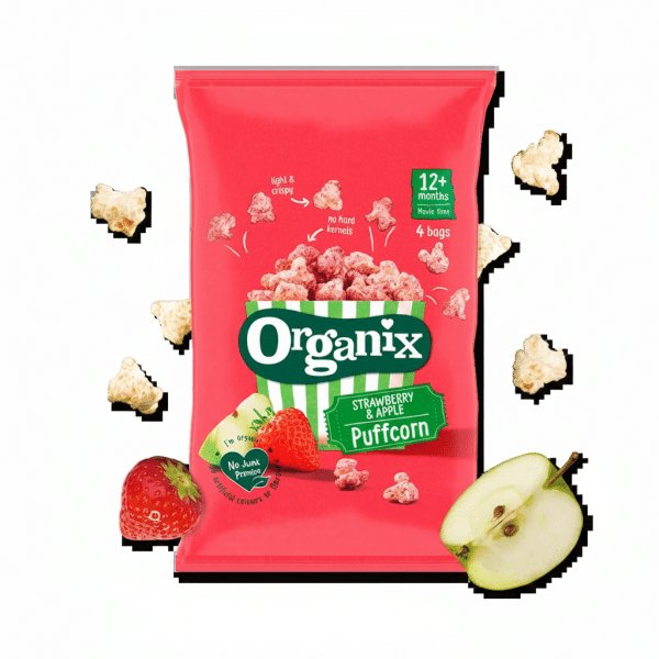 Organix Strawberry Apple Puffcorn 10g light crispy no hard kernels 4 bags