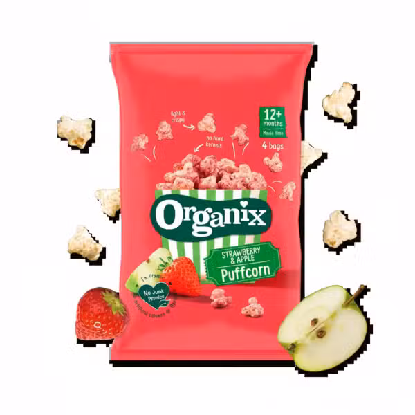 Organix Strawberry Apple Puffcorn 10g light crispy no hard kernels 4 bags