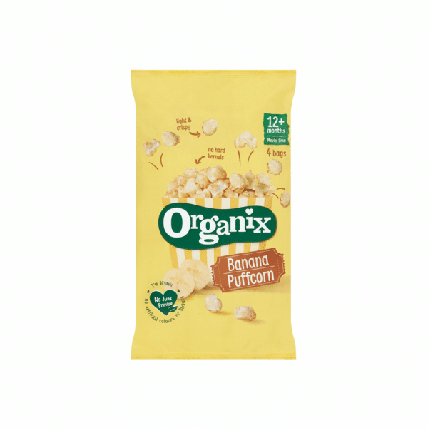 Organix Banana Puffcorn 10g light crispy no hard kernels 4 bags 12+ months