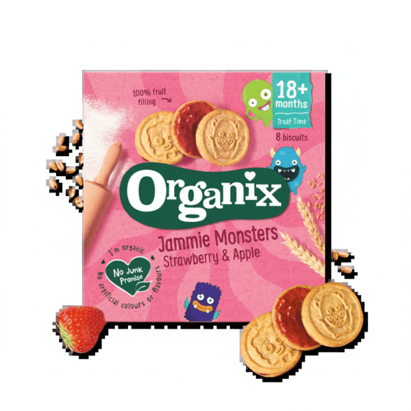 Organix Jammie Monsters Strawberry Apple Biscuits 64g 100% Fruit Filling