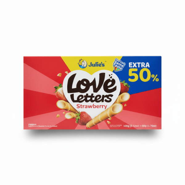 Julie's Love Letters Strawberry Wafer Rolls Extra 50% 100g