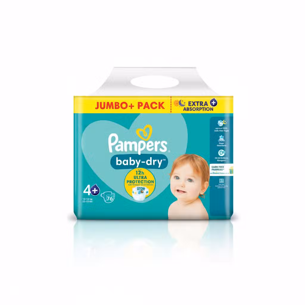 Pampers baby-dry Diapers Size 4+ 10-15 KG 76 Count 12h Ultra Protection Extra Absorption