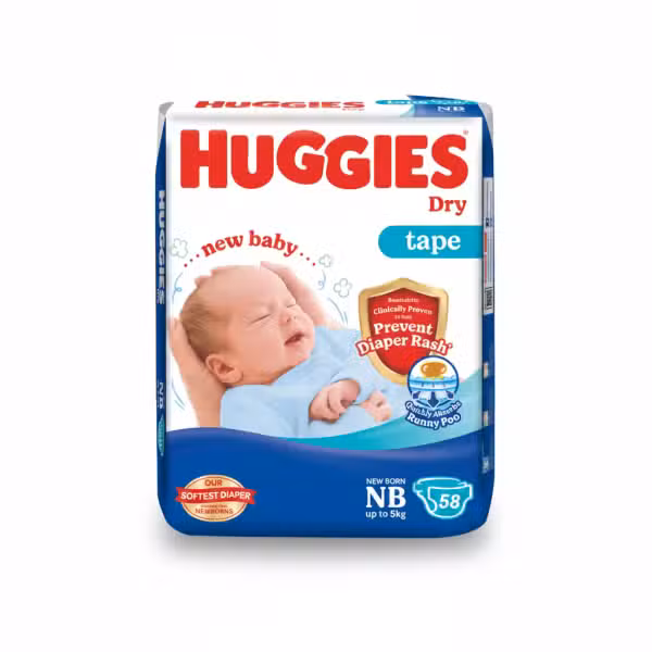 Huggies Dry Tape Newborn NB Up to 5kg Diapers 58 Count