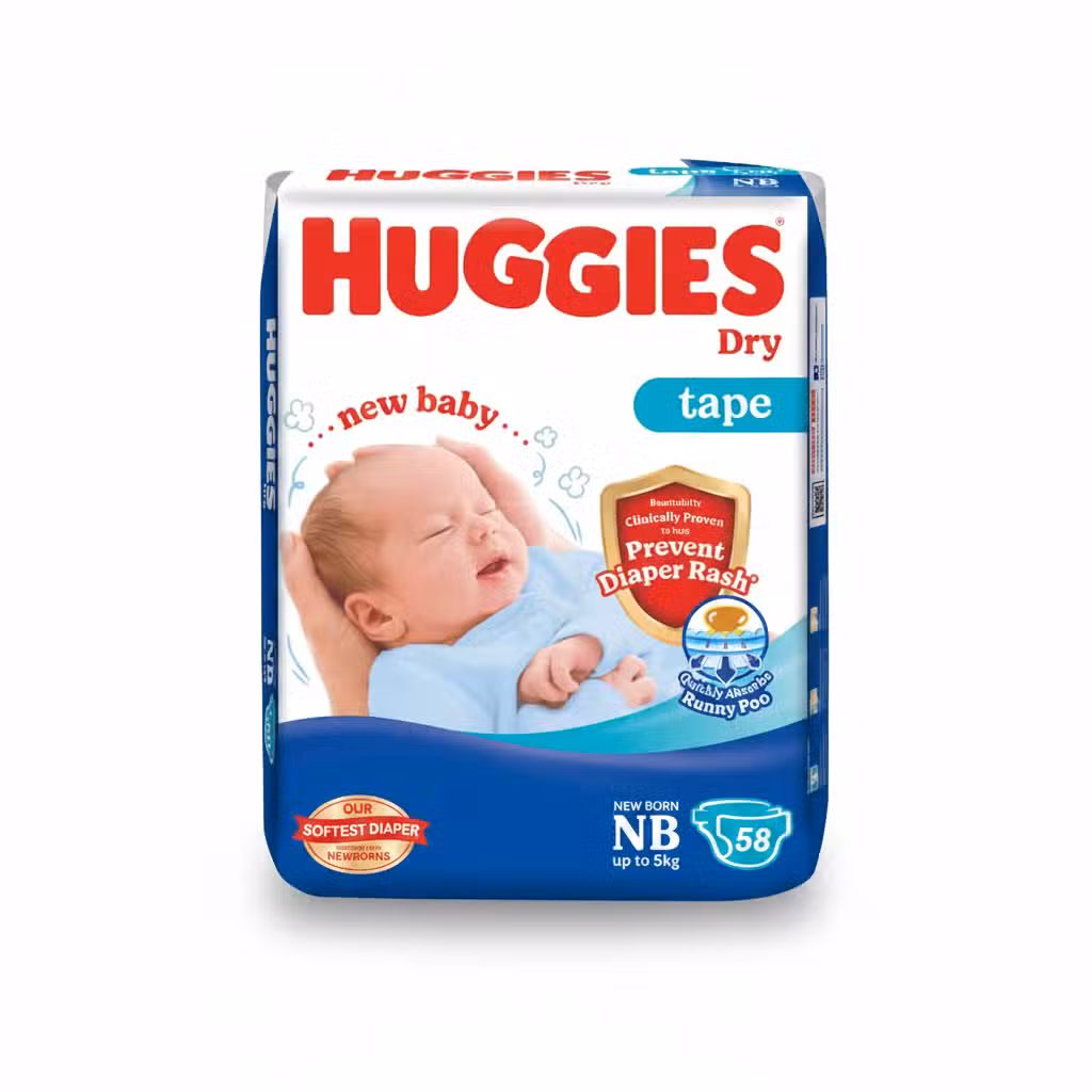 Huggies Dry Tape Newborn NB Up to 5kg Diapers 58 Count