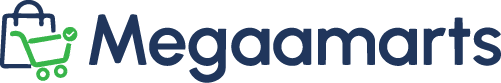 Megaamarts logo: lime green shopping bag and cart, dark blue text.