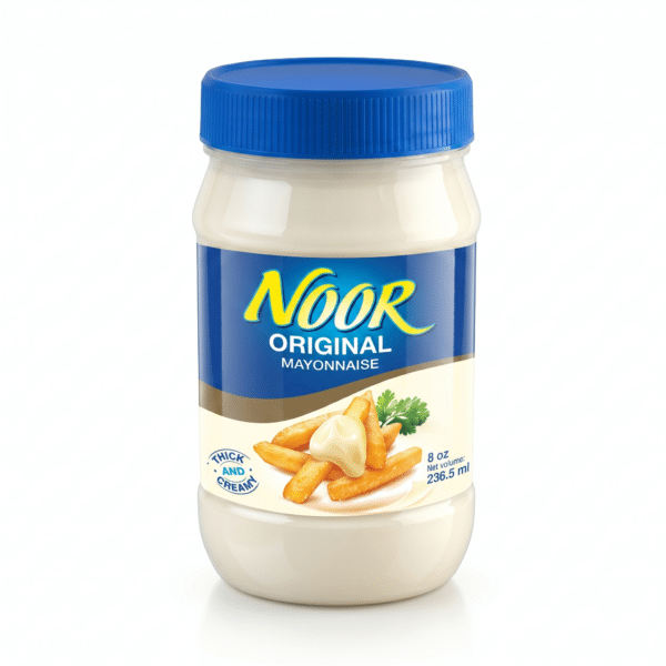 Noor Original Mayonnaise jar with appetizing french fries image.