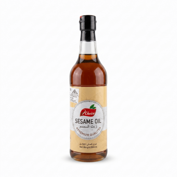 Khawla premium sesame oil bottle, amber liquid, clear glass, beige label.