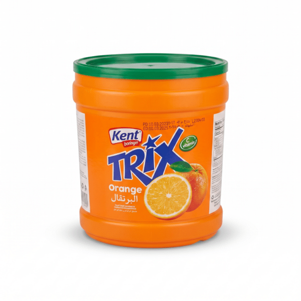 Trix Orange powdered drink mix container with fruit imagery.